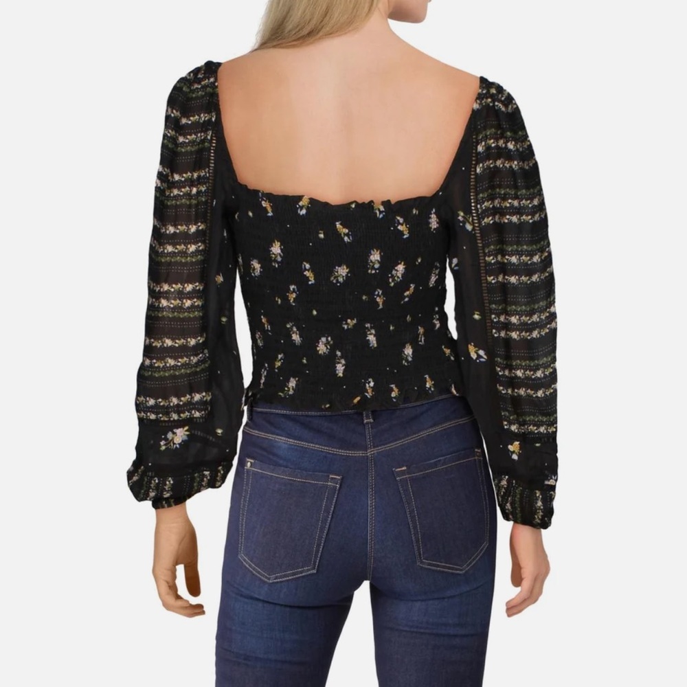 SOLD Anthropologie Dolan Pieta Balloon Sleeve Smocked Floral Blouse Large Black - Picture 2 of 11